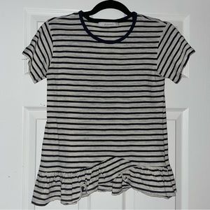 Navy & white striped tshirt with ruffle crossover bottom.